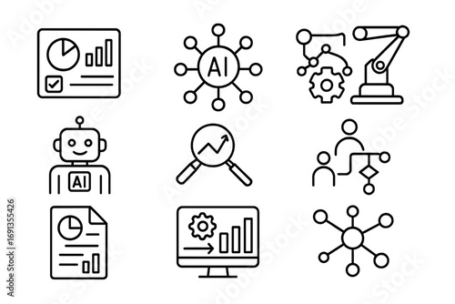 AI Business Icon Set. Outline icon set of AI in business strategy: KPI dashboard, predictive analytics, neural