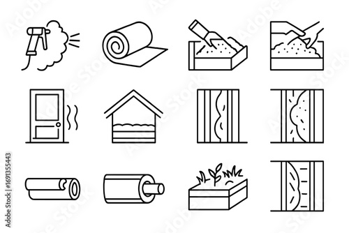 Insulation Methods Icons. Outline icon set of insulation methods: spray foam, fiberglass rolls, cellulose