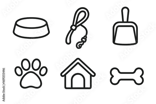Pet care icons set including bowl, leash, scoop, paw print, dog house, and bone in line art style, black and white vector illustration for animal care and pet accessories