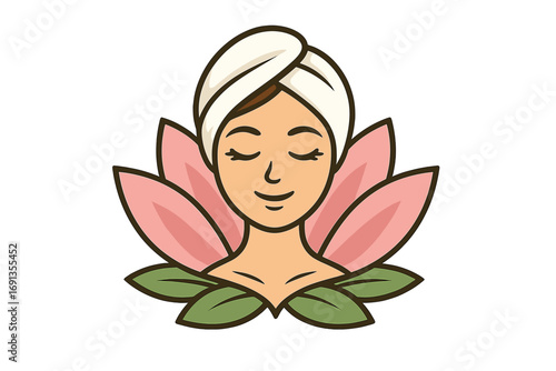 Spa beauty salon logo with woman face in lotus flower. Wellness, relaxation, and skincare concept. Serene girl with towel for natural therapy and massage vector illustration.