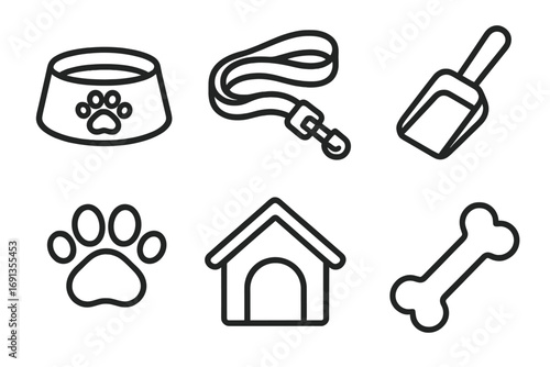 Pet care icons set bowl leash scoop paw print dog house bone line art style vector cartoon illustration transparent background ordered collection