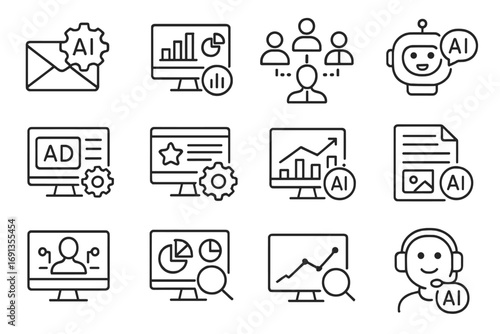 AI Marketing Tools Icons. Outline icon set of AI-powered marketing tools: email automation, social media