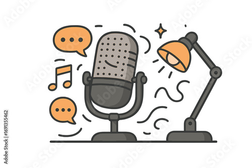 Podcast microphone cartoon vector illustration. Broadcast show concept for online radio, streaming, or interview. Audio recording equipment with desk lamp, music note, speech.