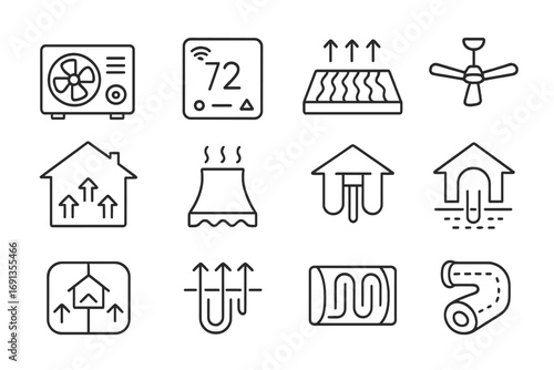 Efficient Climate Control Icons. Outline icon set of heating and cooling efficiency: heat pump, smart