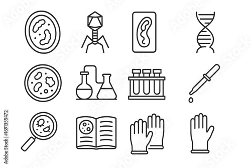 Prehistoric Microorganism Icons. Outline icon set of Studying prehistoric microorganisms: fossilized bacteria,