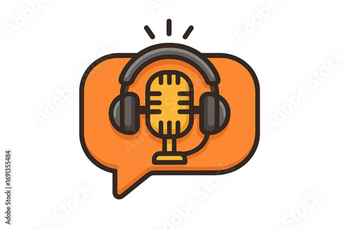 Podcast logo concept with microphone and headphones in speech bubble. Vector illustration for audio broadcast, streaming show, interview or music. Sound and communication icon.
