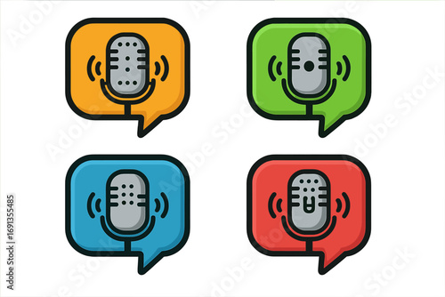 Podcast microphone icon set in speech bubble. Vector cartoon illustration for broadcast, radio show, or interview. Audio recording symbol collection. Voice logo element design.