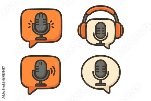 Podcast icon set vector cartoon illustration. Microphone and headphones in speech bubbles for broadcast, radio show or interview. Audio recording communication concept. Studio mic logo.