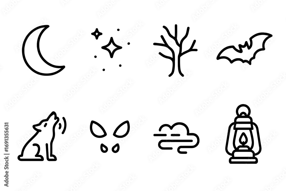 Fototapeta premium Haunted Night Icons. Outline icon set of haunted nighttime: crescent moon, starry sky, silhouette tree, flying bat, distant howl,
