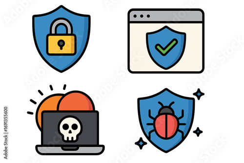 Cybersecurity icon set for online protection. Vector symbols for internet safety, data privacy, antivirus, and malware defense. Hacker attack, virus threat, and secure connection concepts.