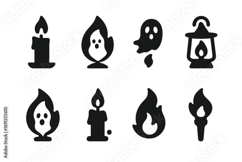 Haunted Firelight Icons. Solid, filled icon set of haunted firelight: flickering candle, ghost in flame, floating spark, spirit