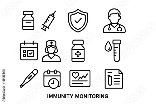 Immunity Icon Set. Outline icon set of Immunity Monitoring: vaccine, syringe, shield icon, doctor, calendar,