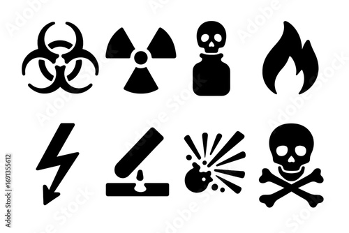 Hazard Symbol Icons. Solid, filled icon set of hazard symbols: biohazard, radiation, toxic gas, flame, electrical shock, corrosive