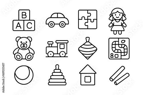 Indoor Playtime Icons. Outline icon set of Indoor Playtime: building blocks, toy car, puzzle, doll, teddy bear