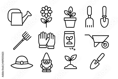 Family Gardening Icons. Outline icon set of Family Gardening Fun: watering can, flower, plant pot, shovel,