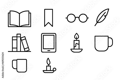Reading Icon Grid. Outline icon set of book and reading blogging: open book, bookmark, glasses, quill pen,