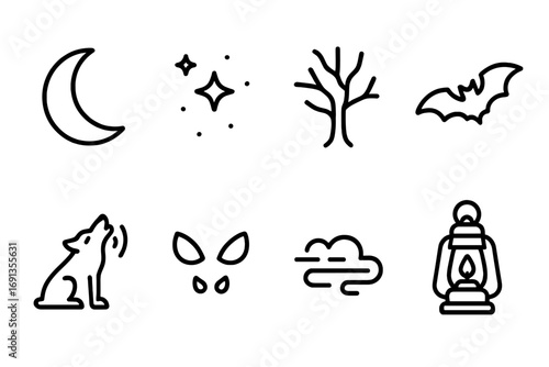 Haunted Night Icons. Outline icon set of haunted nighttime: crescent moon, starry sky, silhouette tree, flying bat, distant howl,