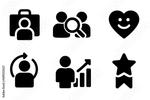 Headhunter Success Icons. Solid, filled icon set of headhunter success metrics: hires, interviews, offers, satisfaction, retention