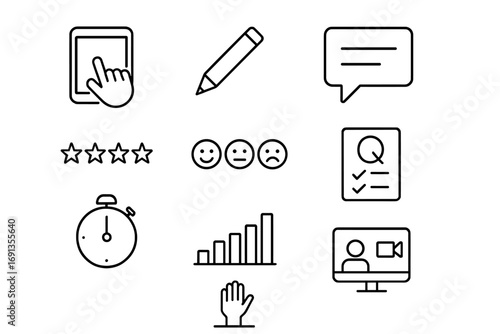 Interactive Feedback Icons. Outline icon set of Interactive Learning Feedback: touchscreen, stylus, speech
