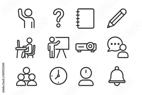 Classroom Icons Collection. Outline icon set of Classroom Participation: student raising hand, question mark,
