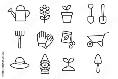 Family Gardening Icons. Outline icon set of Family Gardening Fun: watering can, flower, plant pot, shovel,