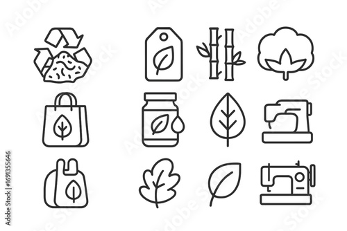 Sustainable Fashion Icons. Outline icon set of sustainable fashion design: recycled fabric, eco-label, bamboo