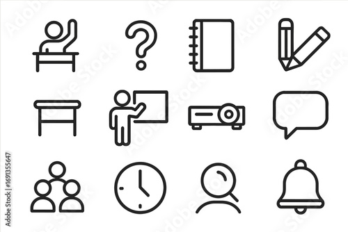 Classroom Icons Collection. Outline icon set of Classroom Participation: student raising hand, question mark,