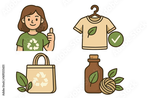 Sustainable fashion vector icon set showcasing eco-friendly practices. Natural organic clothing, recycling, slow fashion and conscious consumerism for an ethical lifestyle.