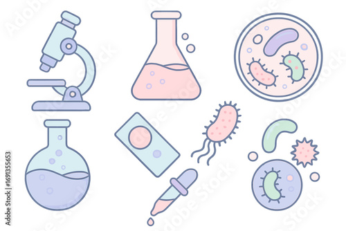Soft pastel scientific lab equipment and microbiology elements with microscope, test tubes, petri dish, bacteria, pipette, and slide vector cartoon illustration set