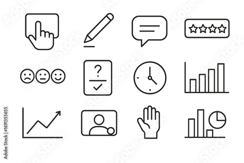 Interactive Feedback Icons. Outline icon set of Interactive Learning Feedback: touchscreen, stylus, speech