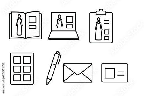 Fashion Icon Set. Outline icon set of fashion portfolio presentation: open sketchbook, printed design sheet,