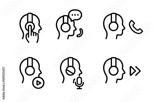 Headphone Interaction Icons. Outline icon set of headphone user interaction: touch control, voice assistant, call answer, call