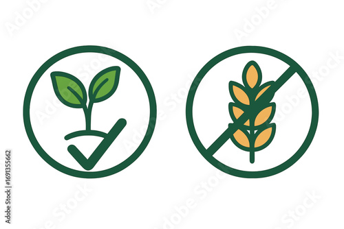 Gluten free and plant based icon set. Vegan food packaging label. Healthy diet symbol. Organic, natural product stamp. No gluten, no dairy vector illustration for allergens.