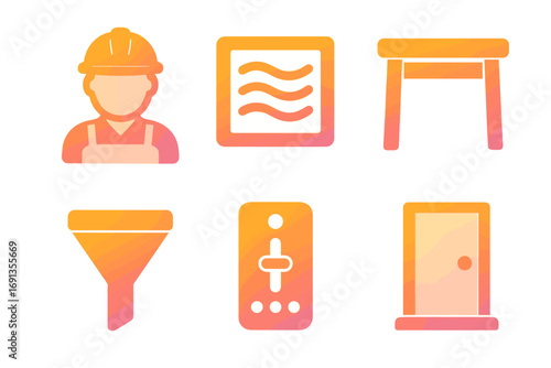 Gradient icons set of construction worker, ventilation system, table furniture, funnel filter, control panel device, and door vector, colorful cartoon illustration, transparent background