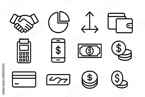 Shared Payments Icon Set. Outline icon set of shared payments: handshake, divided pie chart, split arrow, two