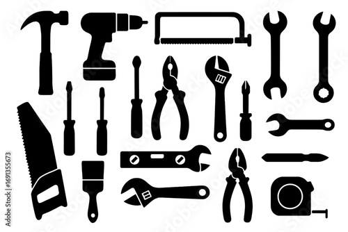 Essential silhouette icon set of construction and repair tools, vector cartoon illustration, transparent background, ordered toolbox elements collection for DIY and maintenance projects