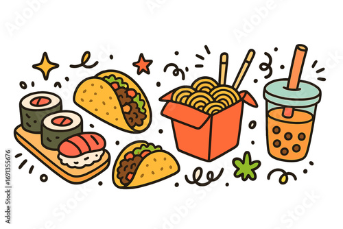 Street food collection doodle style. Fun cartoon vector illustration set with sushi, tacos, chinese noodles, and bubble tea. Asian and Mexican food festival concept.