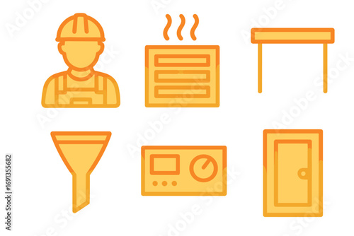 Set of simple gradient vector icons including construction worker, ventilation heater, table, funnel filter, control device panel, and door symbol with transparent background, cartoon style