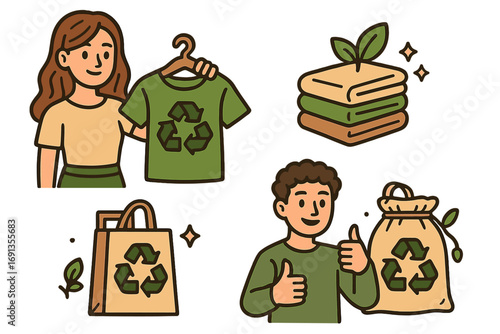 Sustainable fashion icon set. Eco-friendly clothing, conscious consumerism concept. Vector illustration of recycling clothes, organic fabric, slow fashion, second hand apparel.