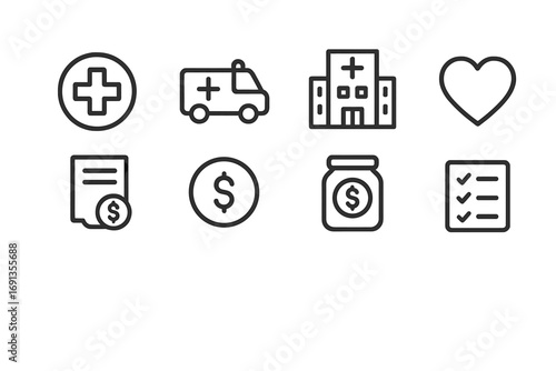 Emergency Fund Icons. Outline icon set of emergency family funds: medical cross, ambulance, hospital building,