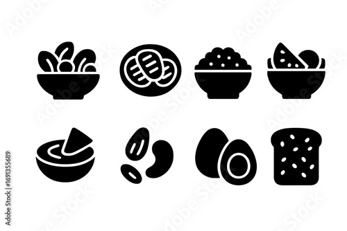 Healthy Lunch Icons. Solid, filled icon set of healthy lunch: salad, grilled veggies, quinoa bowl, fruit salad, hummus dip, nuts,