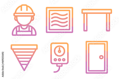 Gradient icons set of worker with helmet, ventilation grille, table furniture, cone filter, control device panel, and door symbol, vector cartoon illustration transparent background