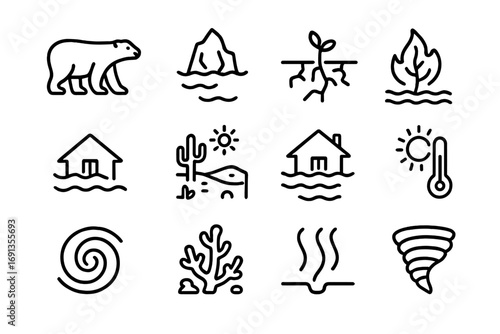 Global Warming Icon Set. Outline icon set of Global Warming Effects: polar bear, iceberg, drought, wildfire,