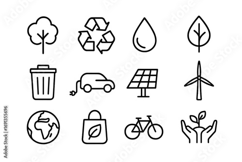 Environmental Icons Grid. Outline icon set of Environmental Protection: tree, recycling symbol, water droplet,