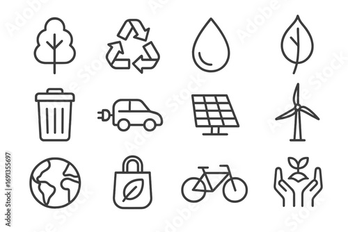 Environmental Icons Grid. Outline icon set of Environmental Protection: tree, recycling symbol, water droplet,