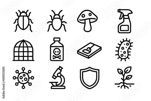 Pest Control Icon Set. Outline icon set of Pest and disease control: insect, aphid, fungus, spray bottle,