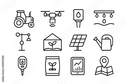 Climate-Smart Farming Tools. Outline icon set of Climate-smart farming tools: tractor, drone, soil sensor,