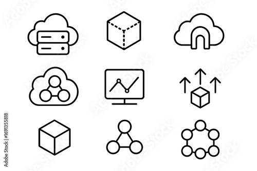 Cloud DevOps Icon Set. Outline icon set of cloud-native DevOps: cloud server, container pod, API gateway,