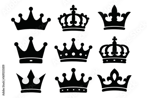 Crown silhouette vector icon set. Royal king, queen, prince symbol collection. Black graphic element for logo, tattoo, heraldry. Monarchy, majesty, power concept. Diadem.