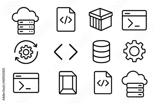 Infrastructure Icon Grid. Outline icon set of infrastructure as code: cloud server, script file, container box